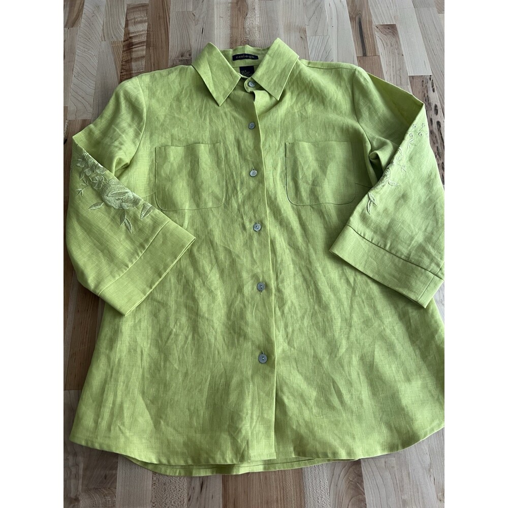 Ecologie 3/4 Sleeve Button Up Blouse 100% Linen Embroidered Bright Lime Green S
